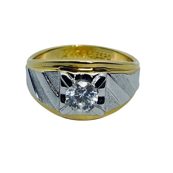 ESPO 14kt Gold Electroplate & Silver Tone Men's Ring W/Clear Rhinestone (R416) - Picture 4 of 6